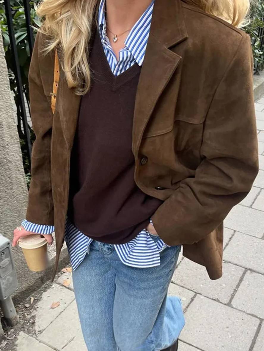Elegant Suede Blazer For Women - Vintage Casual Jacket