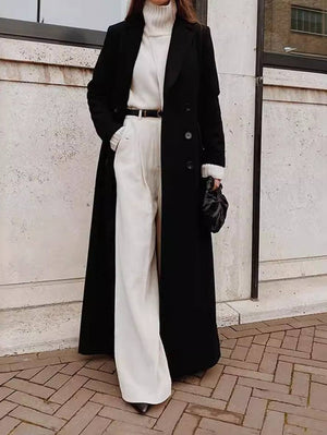 Elegante Lange Jas Voor Vrouwen - Dubbele Knoopsluiting & Reverskraag