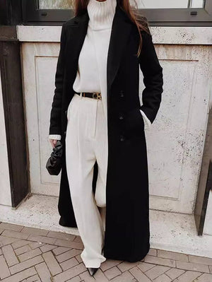 Elegante Lange Jas Voor Vrouwen - Dubbele Knoopsluiting & Reverskraag