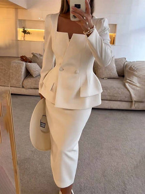 Elegante Tweedelige Kantoorset Voor Vrouwen - Blazer & Lange Rok