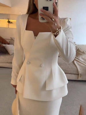 Elegante Tweedelige Kantoorset Voor Vrouwen - Blazer & Lange Rok