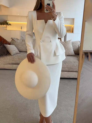 Elegante Tweedelige Kantoorset Voor Vrouwen - Blazer & Lange Rok