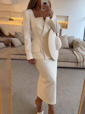 Elegante Tweedelige Kantoorset Voor Vrouwen - Blazer & Lange Rok
