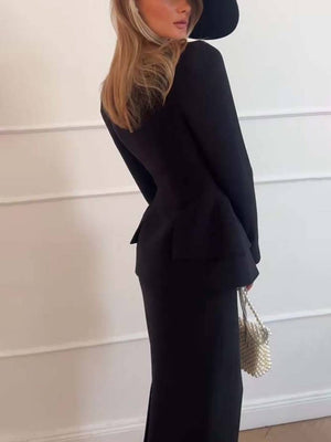 Elegante Tweedelige Kantoorset Voor Vrouwen - Blazer & Lange Rok