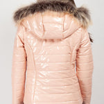Zwarte Glanzende Dames Pufferjack met Faux Fur Capuchon: Warm, Winddicht en Modieus